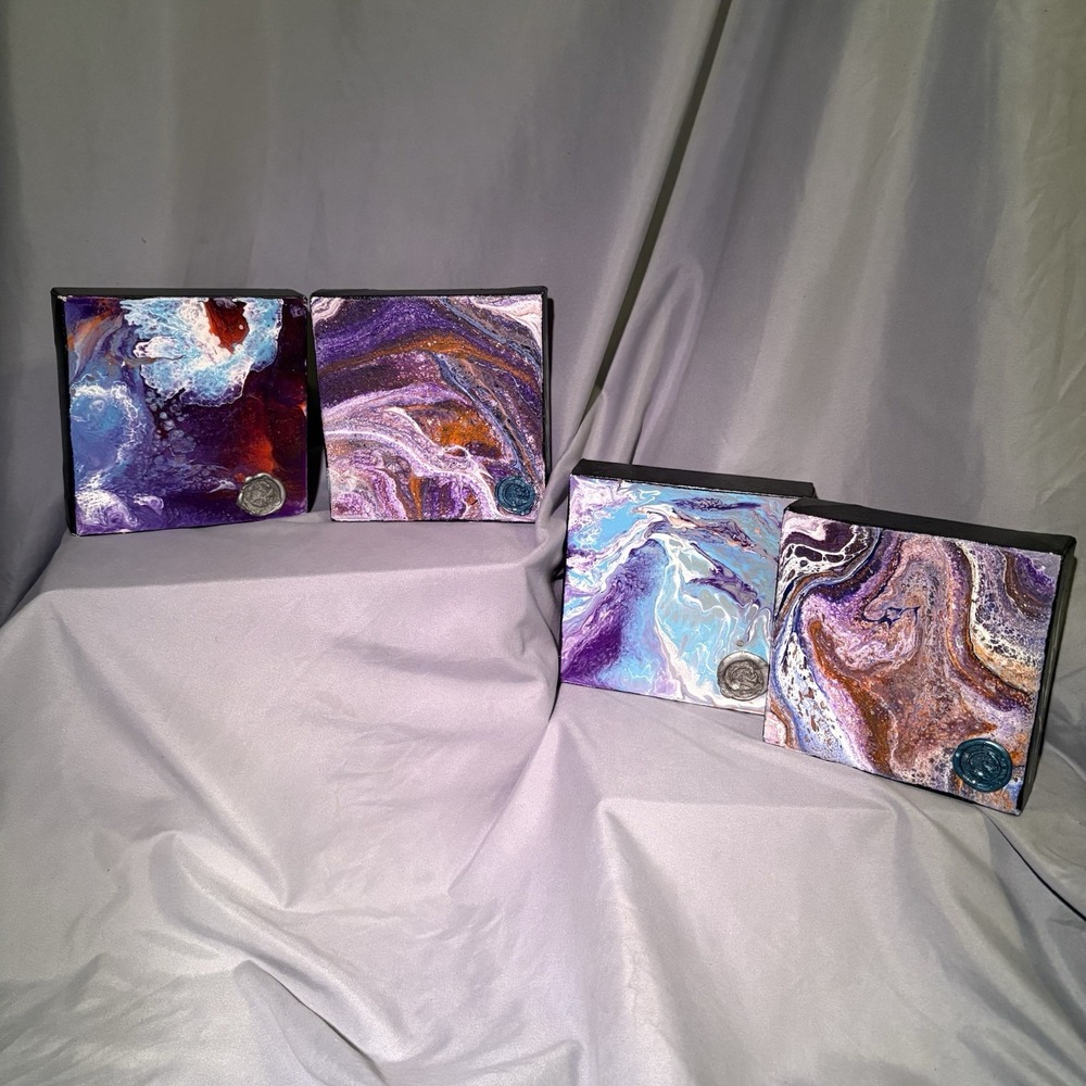 Set of 4 Abstract Cube Paintings Signed S Kelley Modern Geometric 6x6